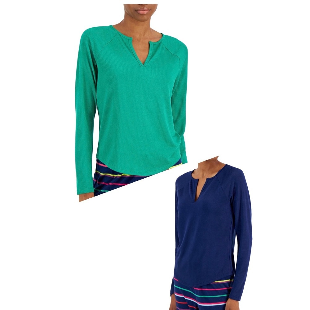 Jenni Women's Split-Neck Pajama Top Bundle of 2 - Navy - Green - Size Small